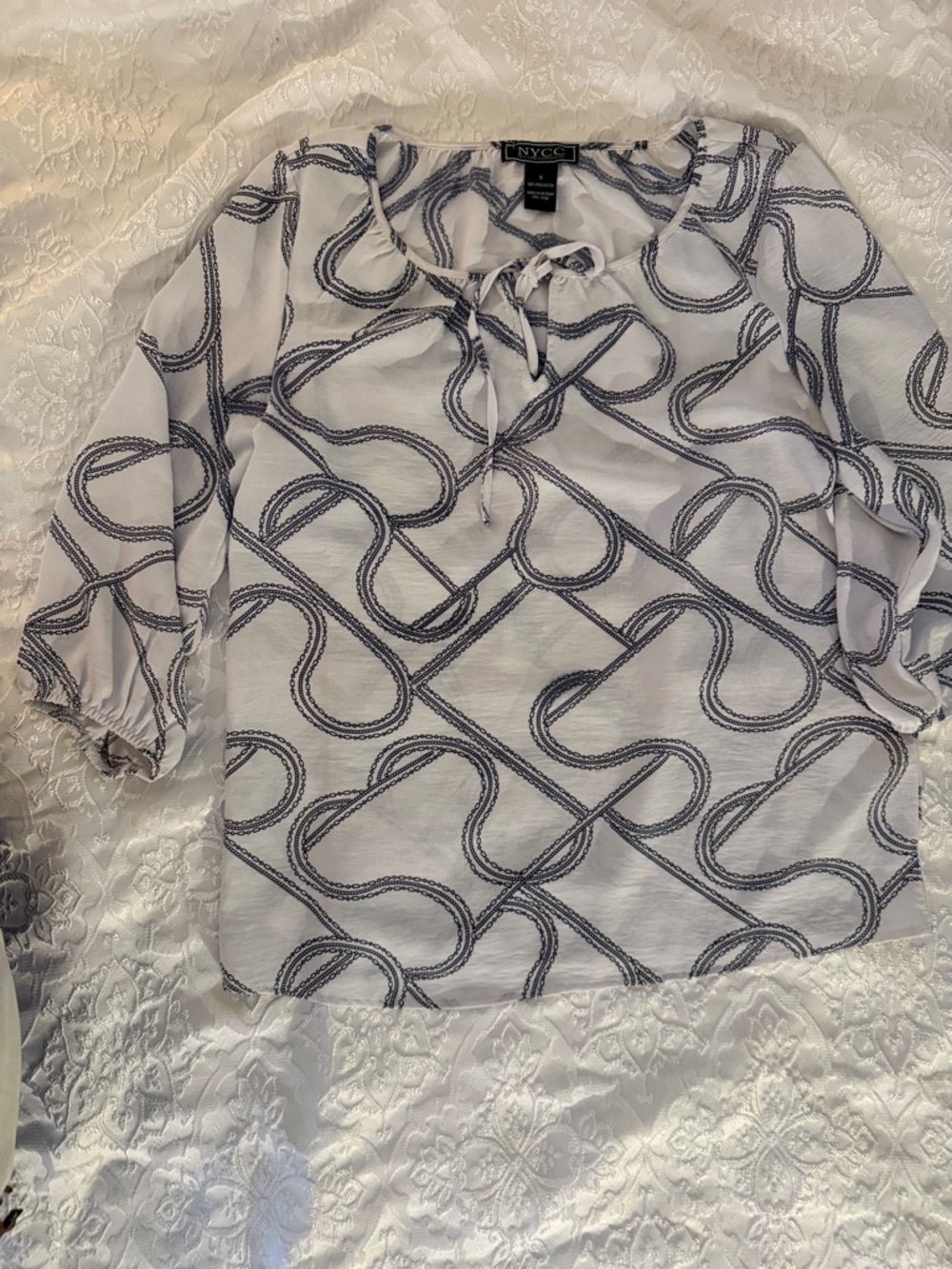 New York & Company White and Navy Tie-Neck Printed Blouse